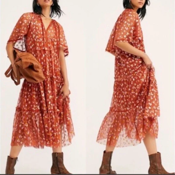 Free People Burnt Orange Floral Tiered Midi Dress - Picture 4 of 4